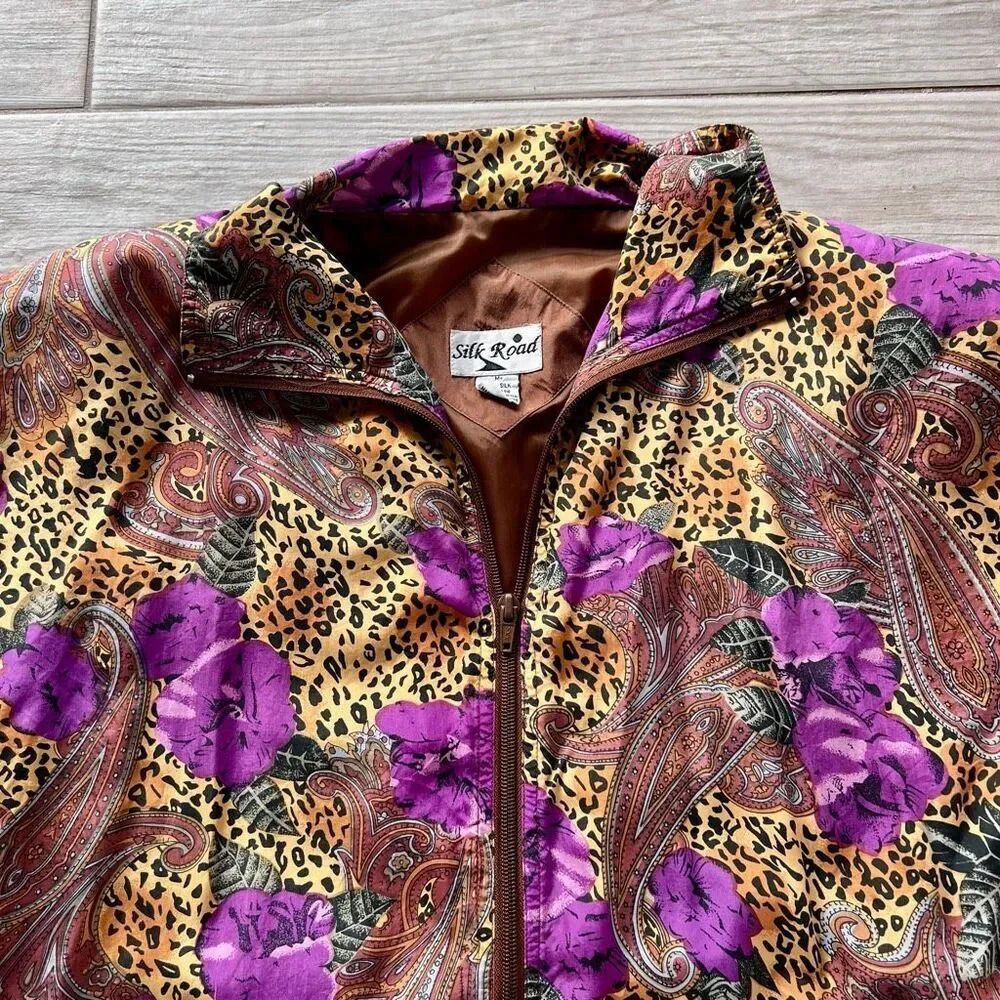 Retro Silk Road Womens Multicolor Paisley‎ Floral Animal Print Bomber Jacket M - Picture 5 of 8